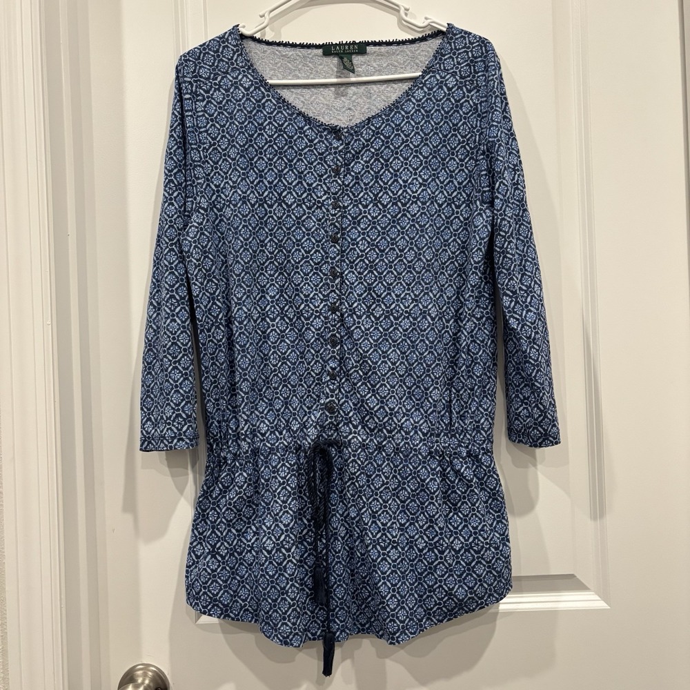 Lauren Ralph Lauren Blouse Womens XL Blue 1/2 Button Drawstring Waist 3/4 Sleeve